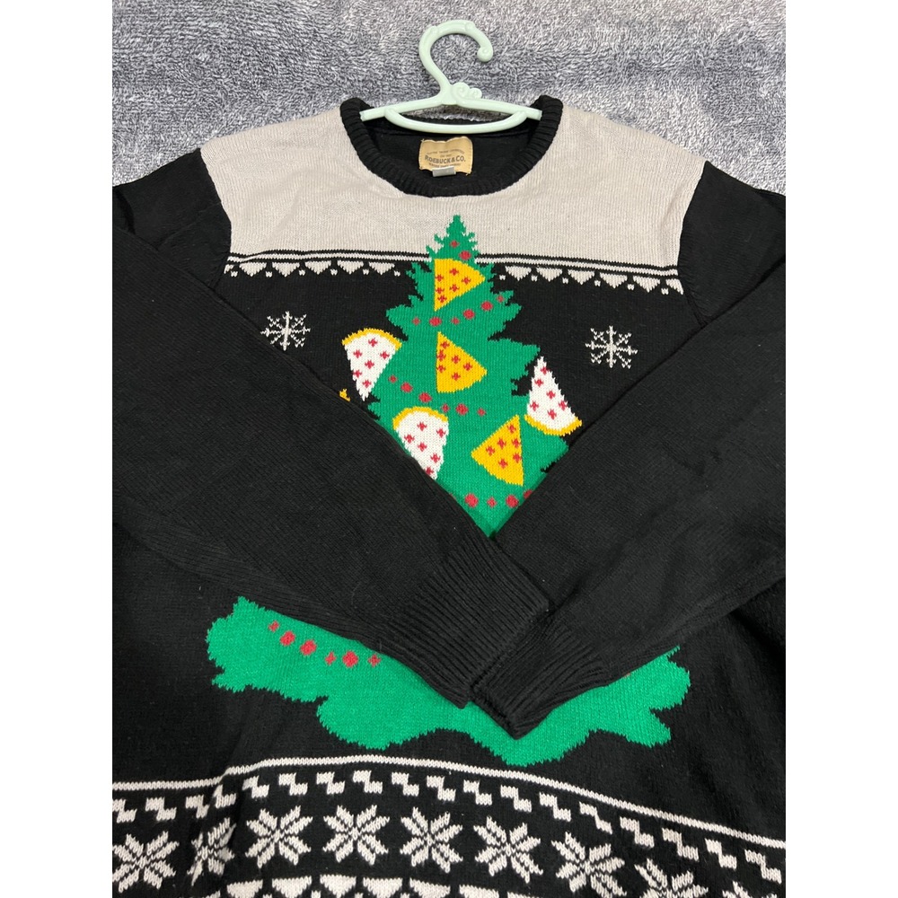 Roebuck & Co Mens Black Pizza Christmas Tree Ugly Holiday Sweater Large L